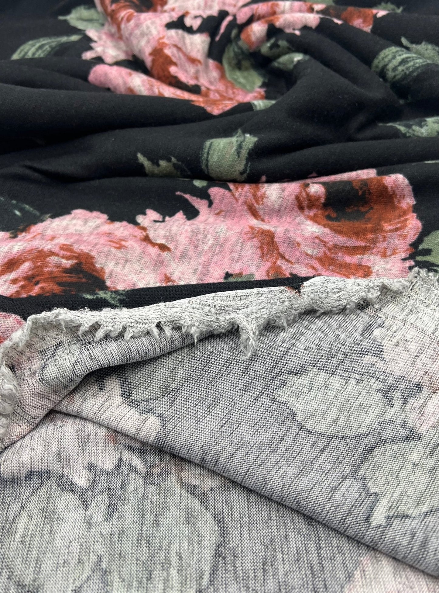 Black Pink Rose Floral Melange Knit Stretch Fabric