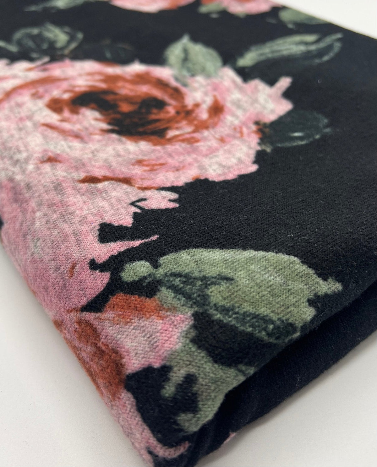Black Pink Rose Floral Melange Knit Stretch Fabric