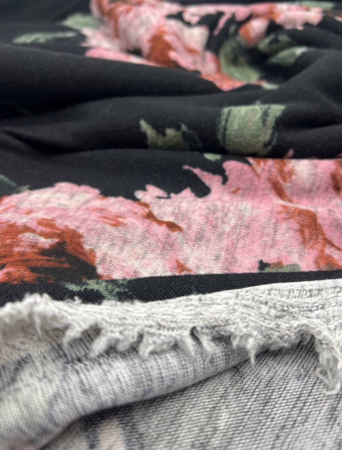 Black Pink Rose Floral Melange Knit Stretch Fabric