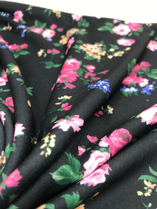 Black & Pink Rose Floral Print Spun Poly Stretch Fabric
