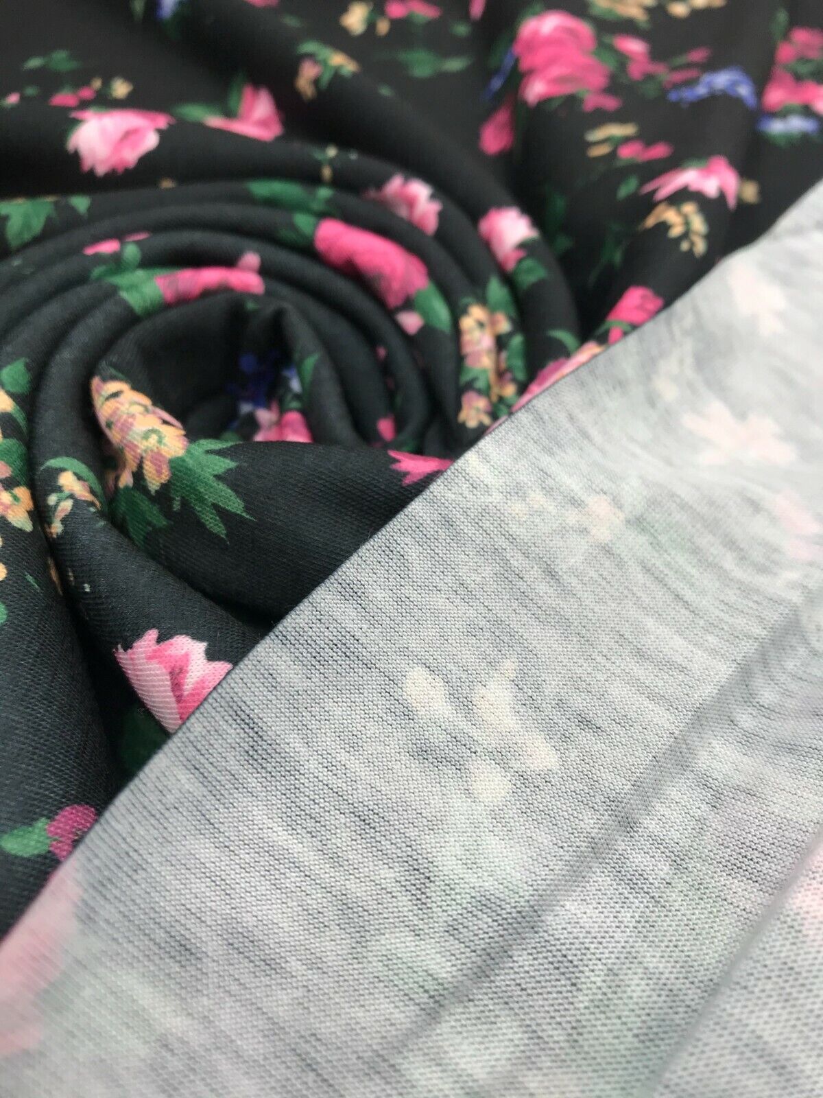 Black & Pink Rose Floral Print Spun Poly Stretch Fabric