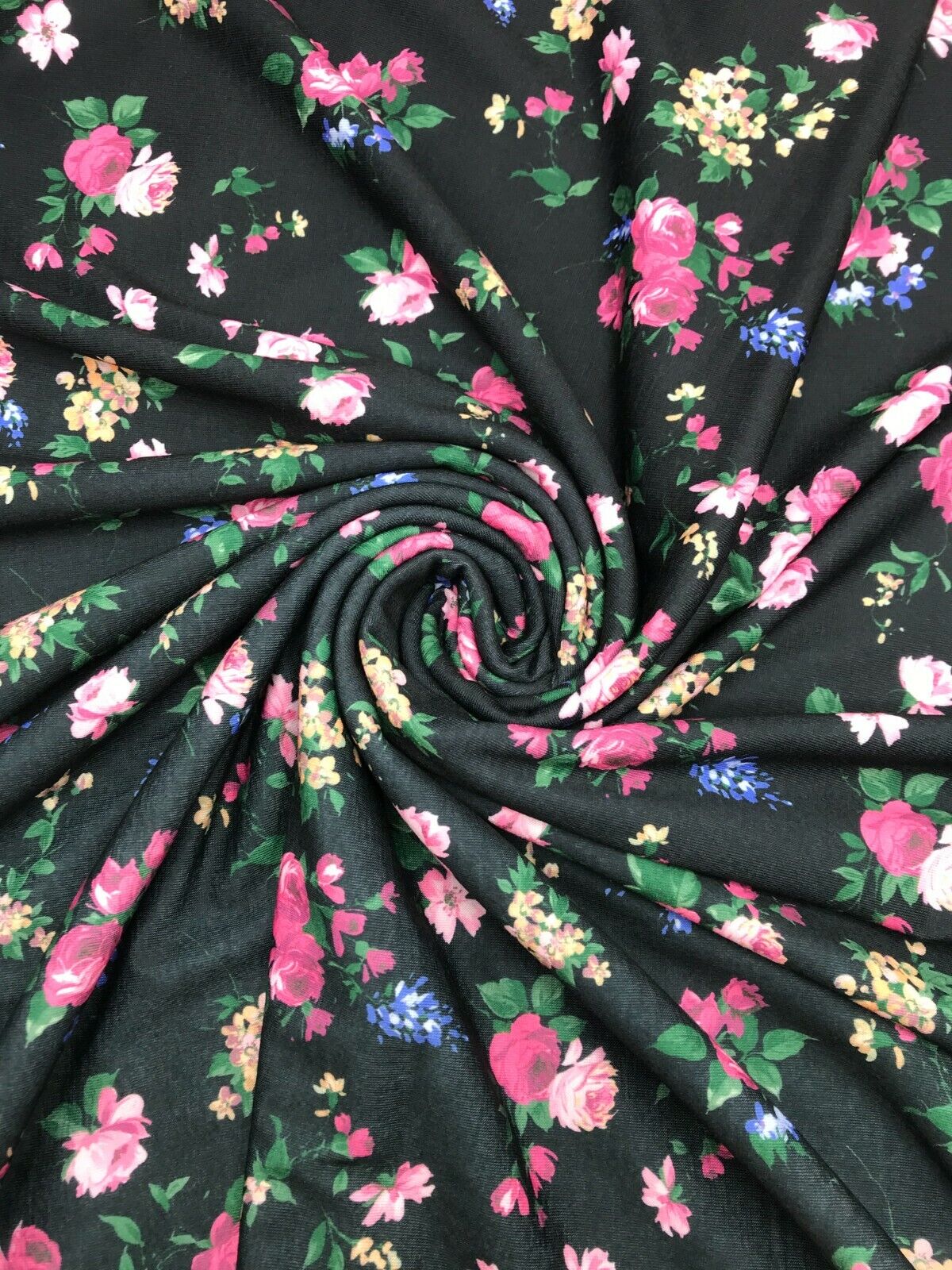 Black & Pink Rose Floral Print Spun Poly Stretch Fabric
