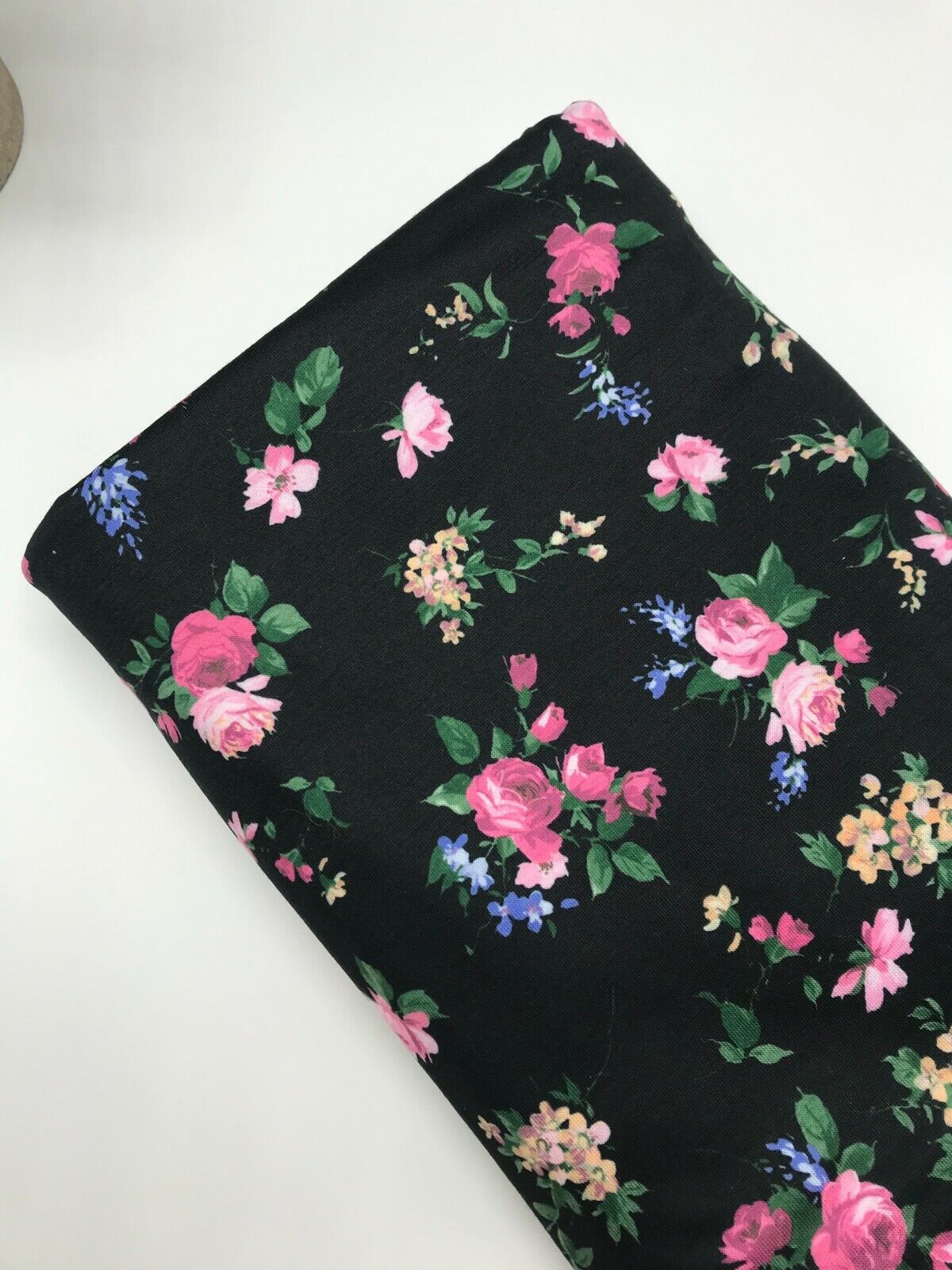 Black & Pink Rose Floral Print Spun Poly Stretch Fabric