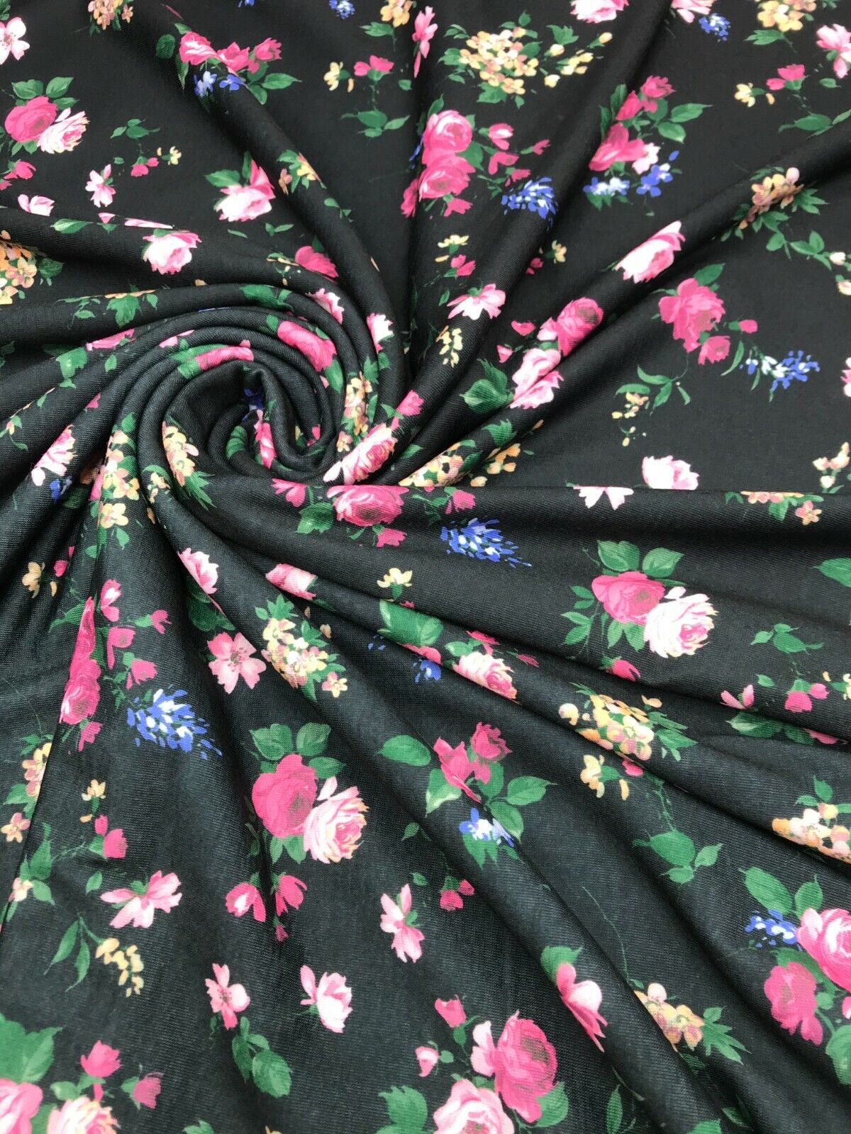 Black & Pink Rose Floral Print Spun Poly Stretch Fabric