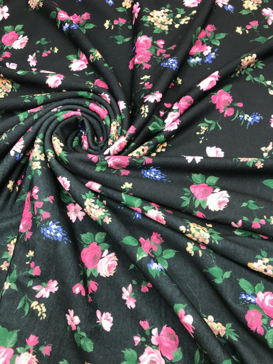 Black & Pink Rose Floral Print Spun Poly Stretch Fabric