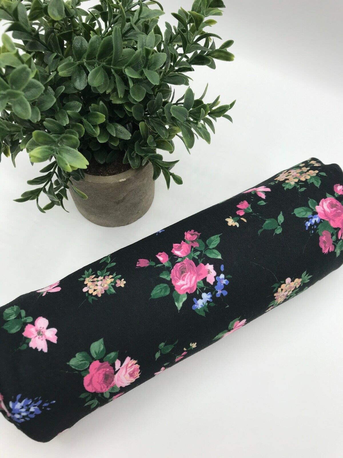Black & Pink Rose Floral Print Spun Poly Stretch Fabric