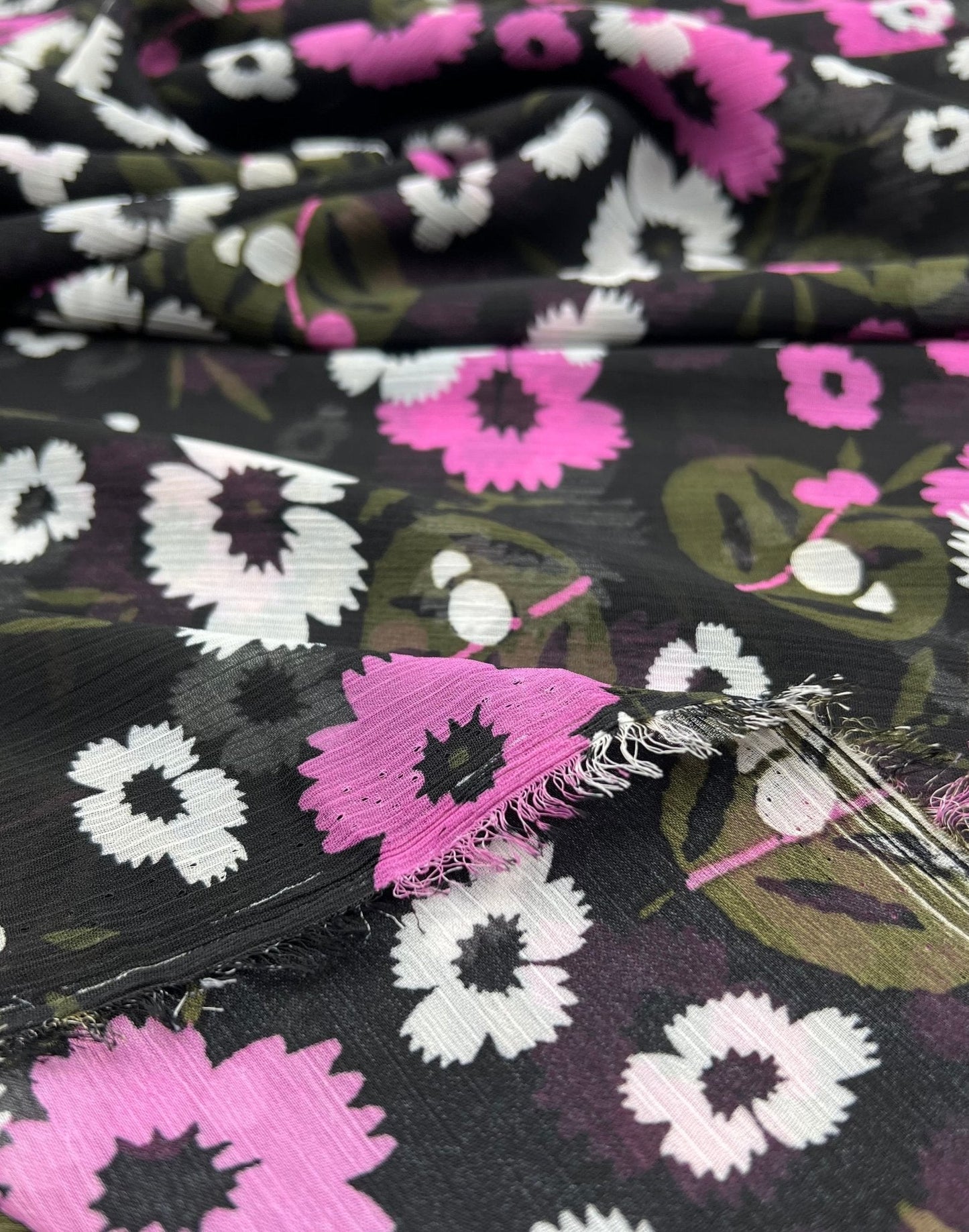 Black Pink White Floral Printed Chiffon Dress Fabric