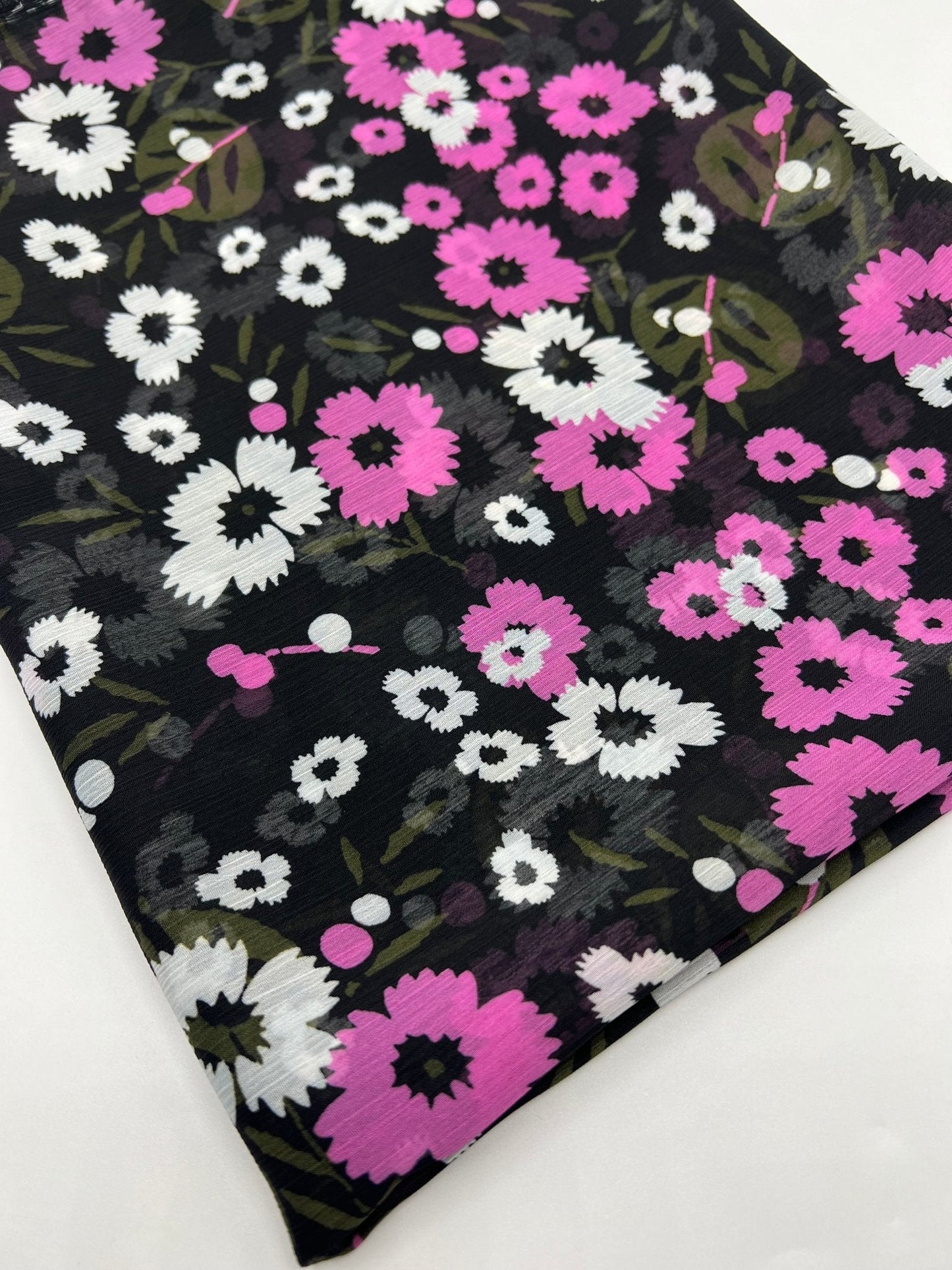 Black Pink White Floral Printed Chiffon Dress Fabric