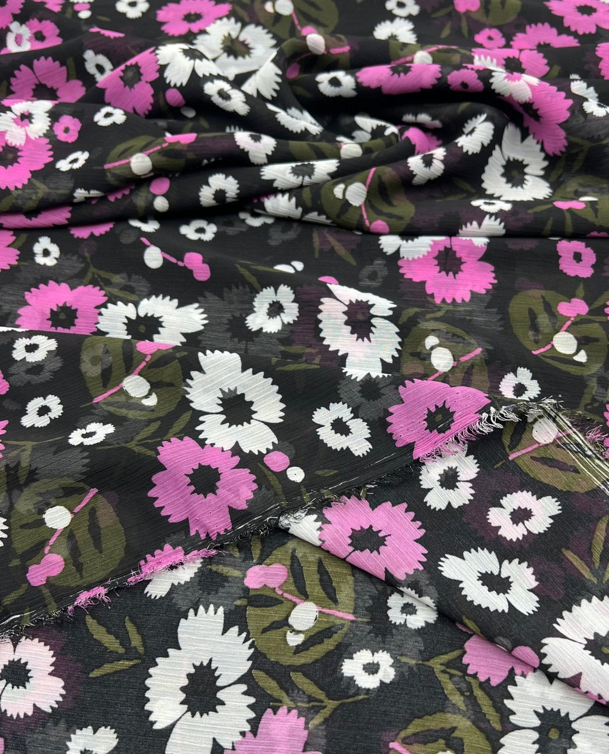 Black Pink White Floral Printed Chiffon Dress Fabric