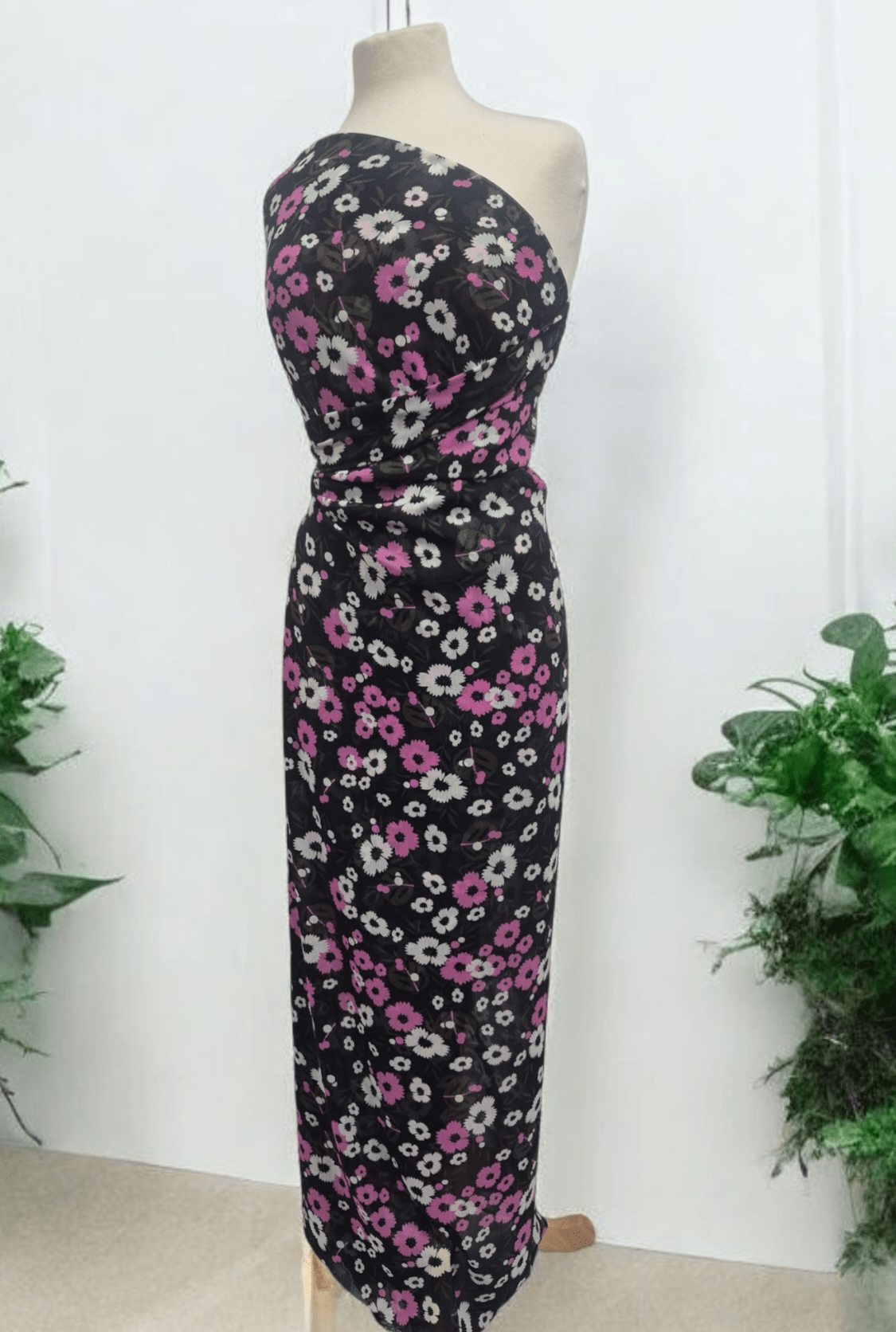 Black Pink White Floral Printed Chiffon Dress Fabric