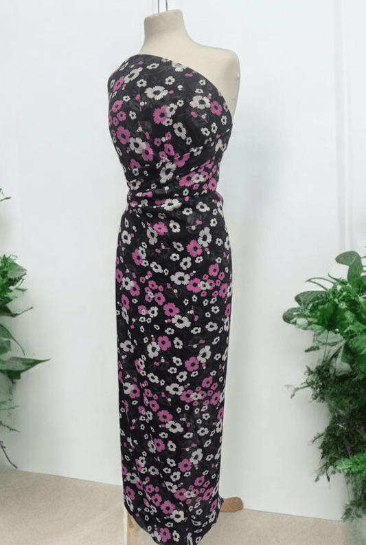 Black Pink White Floral Printed Chiffon Dress Fabric