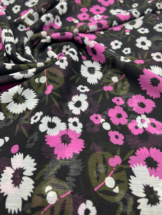 Black Pink White Floral Printed Chiffon Dress Fabric