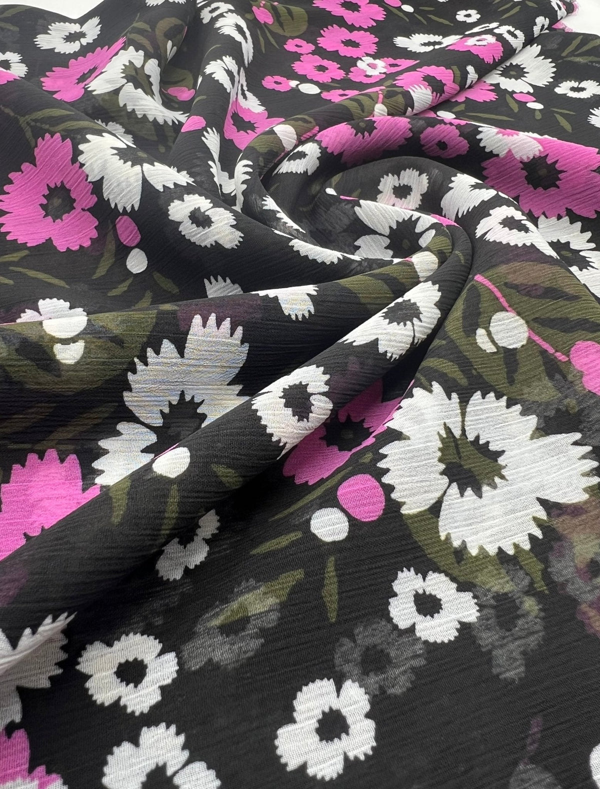 Black Pink White Floral Printed Chiffon Dress Fabric