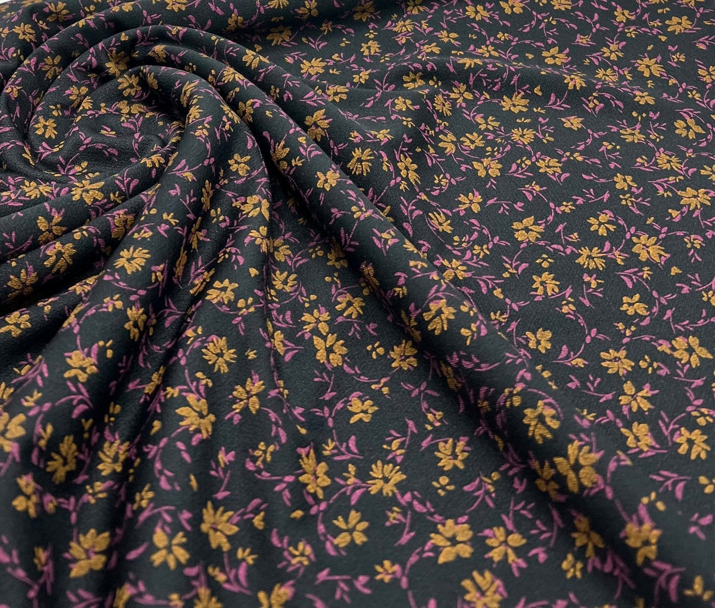 Black Purple Floral Print Lightweight Crepe Fabric 4 Way Stretch