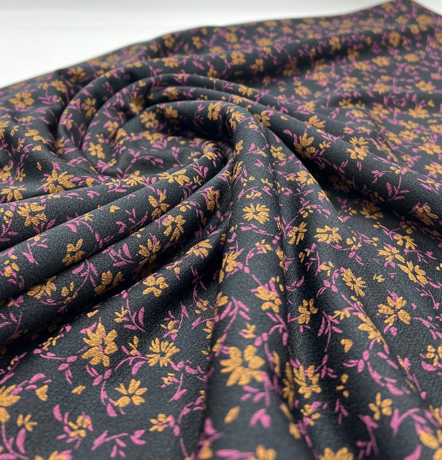 Black Purple Floral Print Lightweight Crepe Fabric 4 Way Stretch