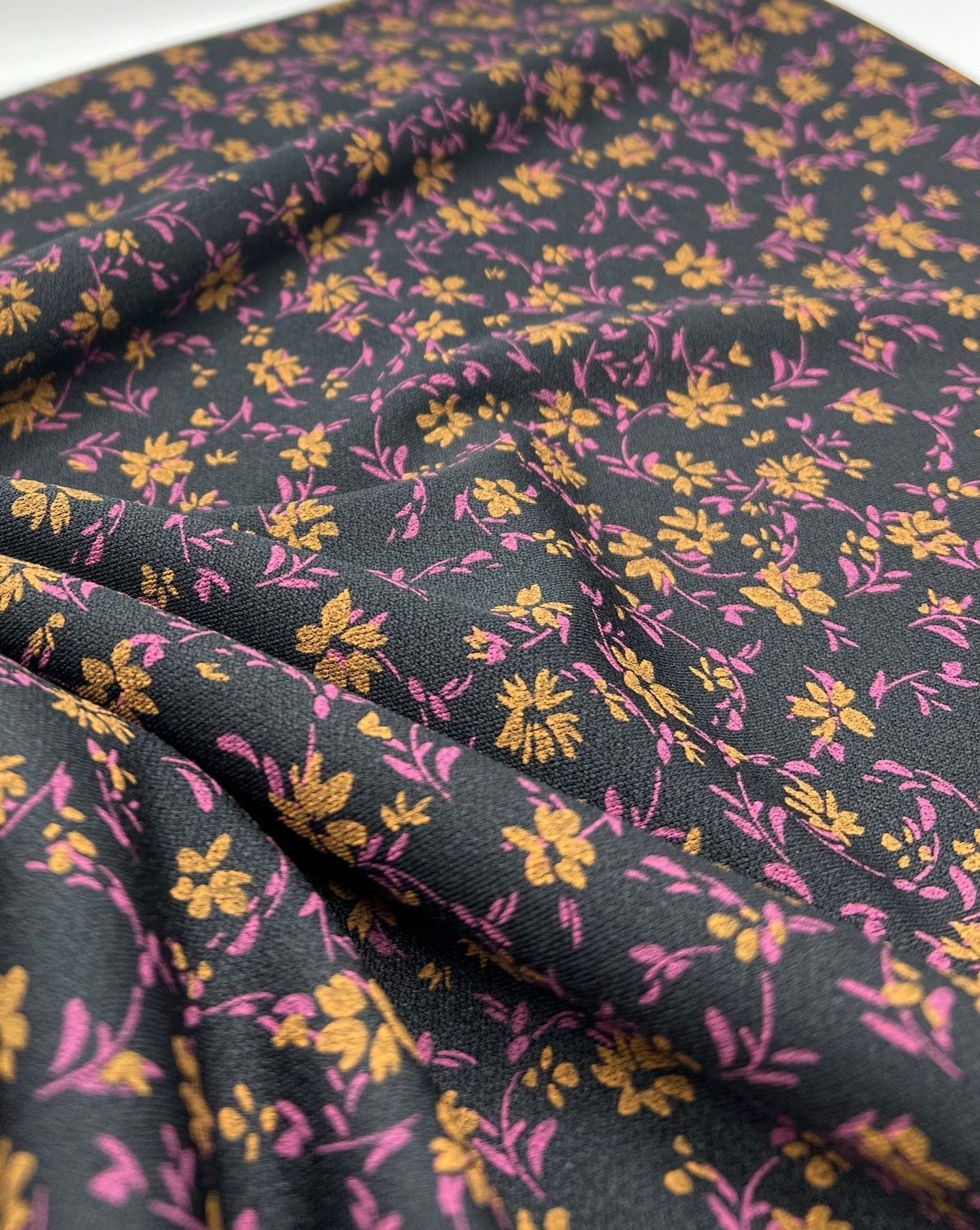 Black Purple Floral Print Lightweight Crepe Fabric 4 Way Stretch