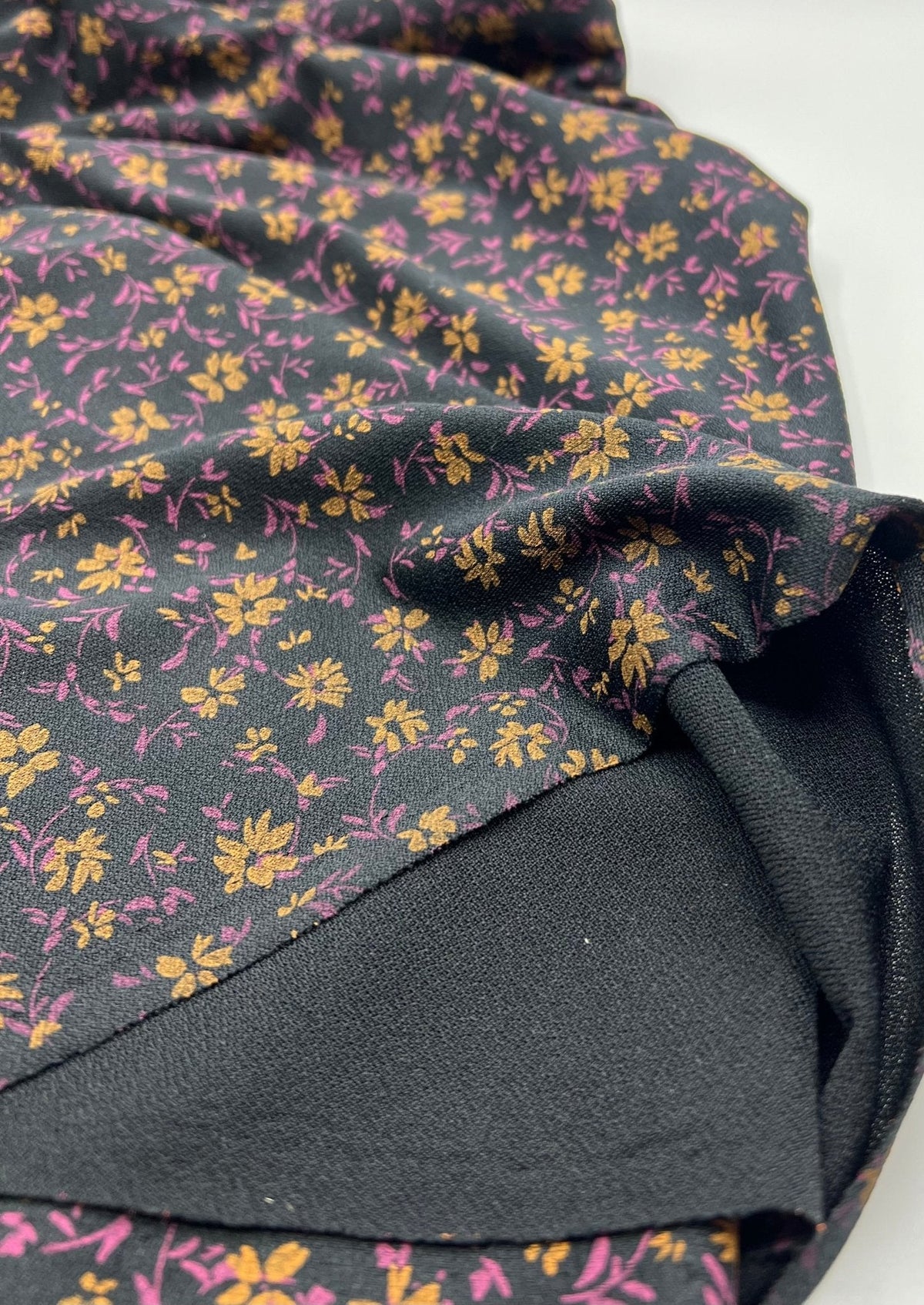 Black Purple Floral Print Lightweight Crepe Fabric 4 Way Stretch