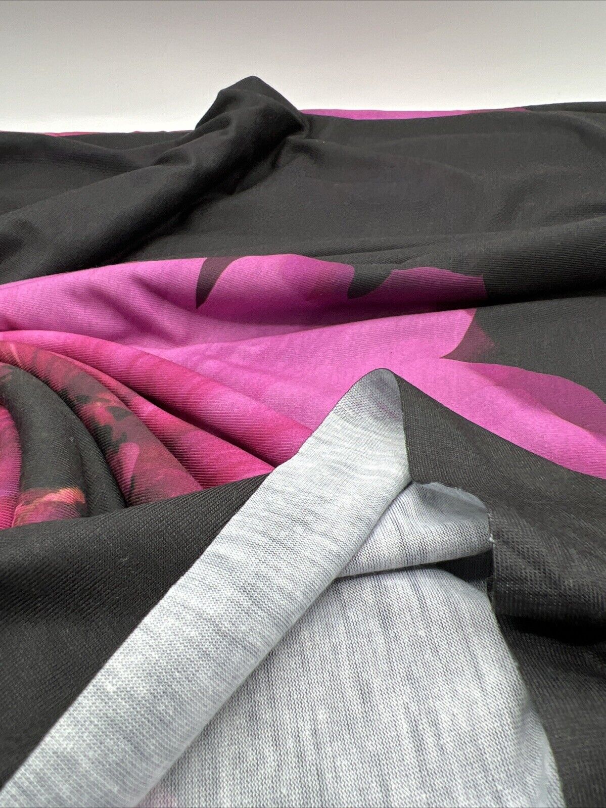 Black Purple Large Floral Print Spun Poly Stretch Fabric