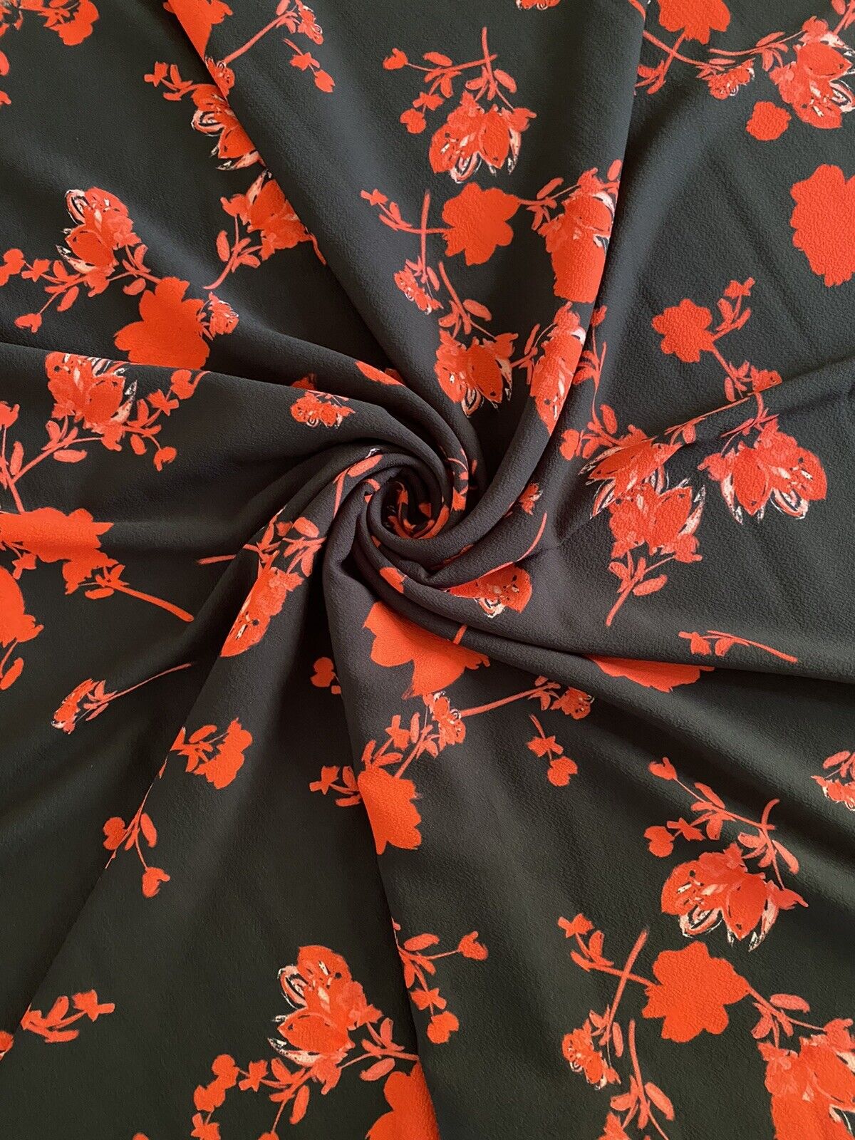 Black Red Floral Print Lightweight Bubble Crepe Non Stretch Fabric