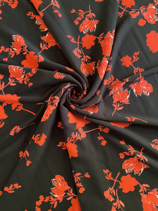 Black Red Floral Print Lightweight Bubble Crepe Non Stretch Fabric