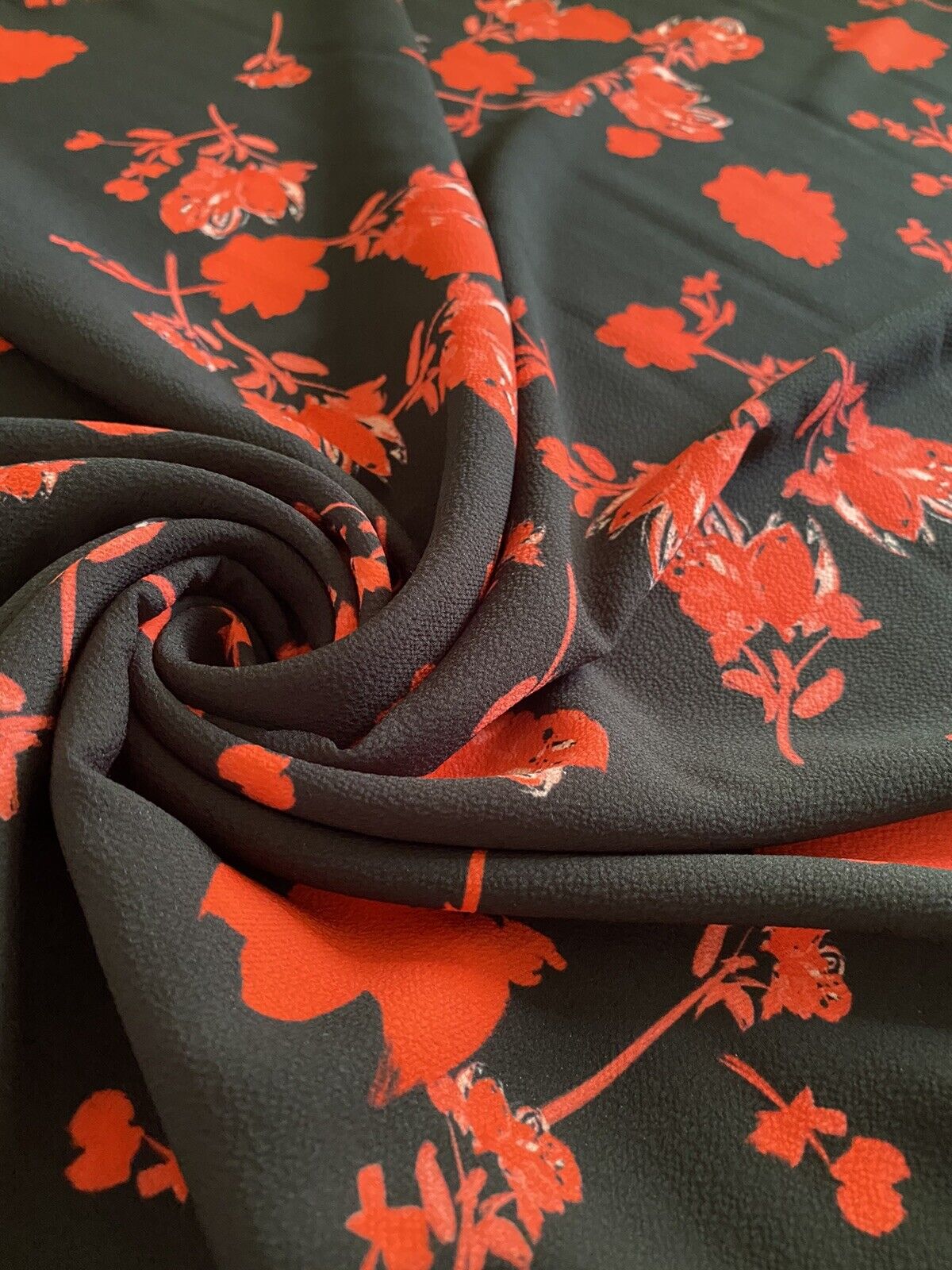 Black Red Floral Print Lightweight Bubble Crepe Non Stretch Fabric