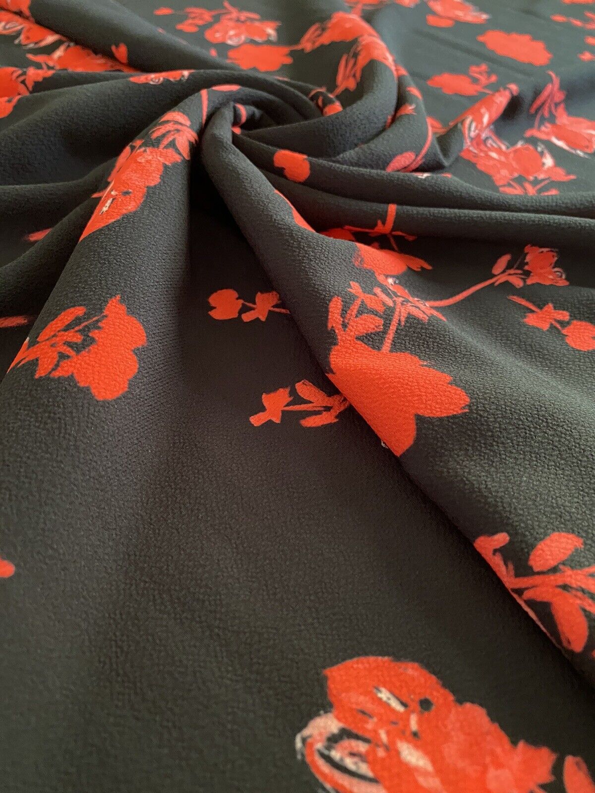 Black Red Floral Print Lightweight Bubble Crepe Non Stretch Fabric