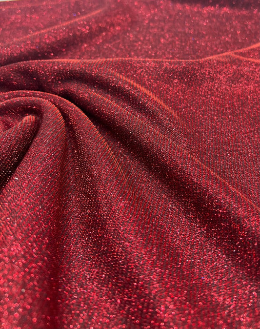 Black Red Glitter Detail Sparkle Metallic Stretch Knit Fabric