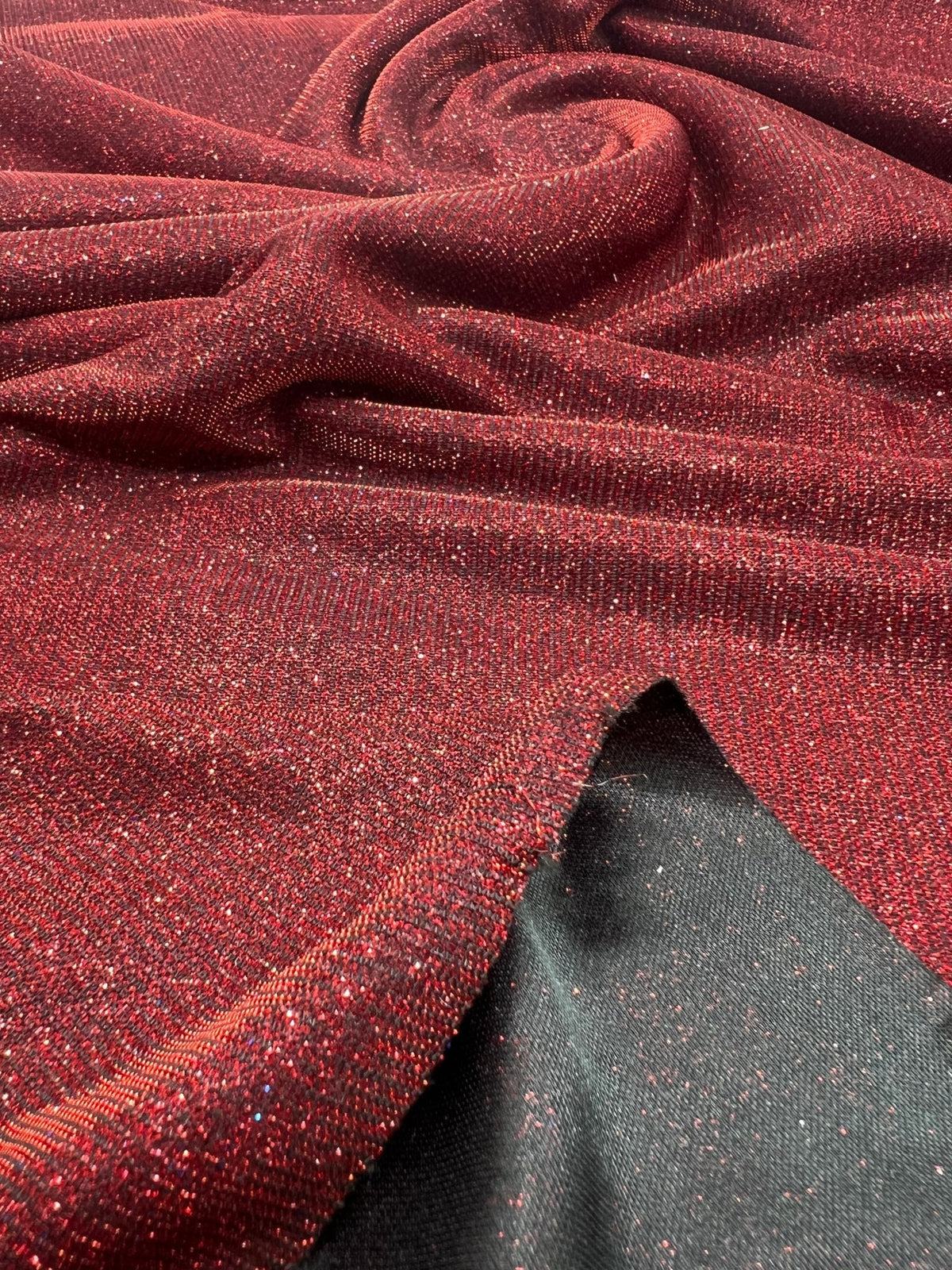 Black Red Glitter Detail Sparkle Metallic Stretch Knit Fabric