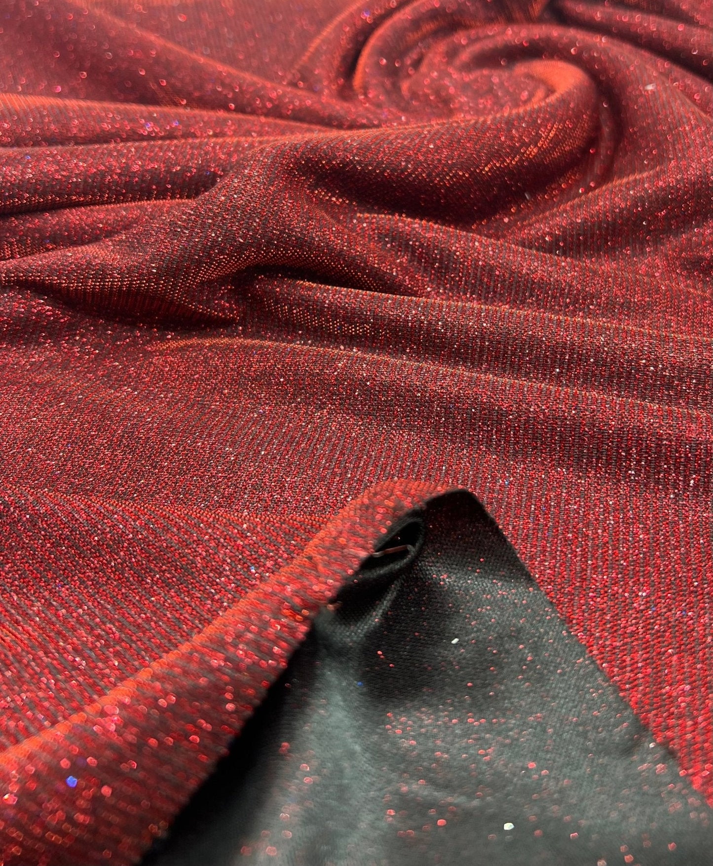 Black Red Glitter Detail Sparkle Metallic Stretch Knit Fabric