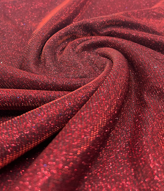 Black Red Glitter Detail Sparkle Metallic Stretch Knit Fabric