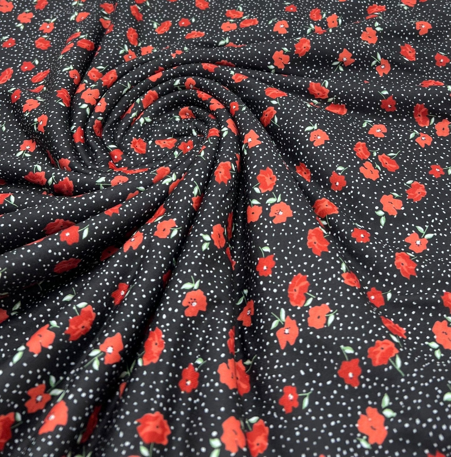 Black Red Poppy Print Spun Poly Stretch Fabric