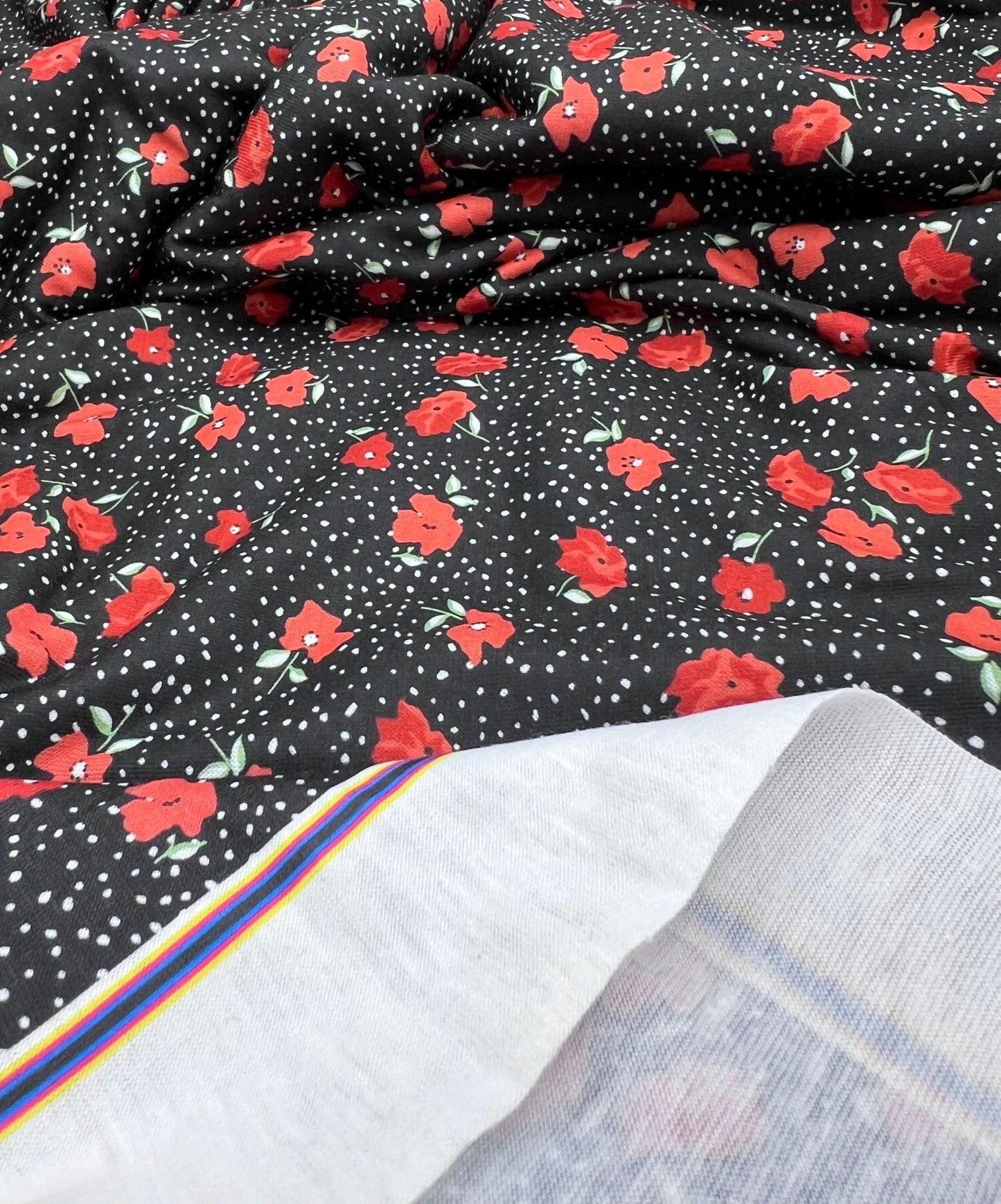 Black Red Poppy Print Spun Poly Stretch Fabric