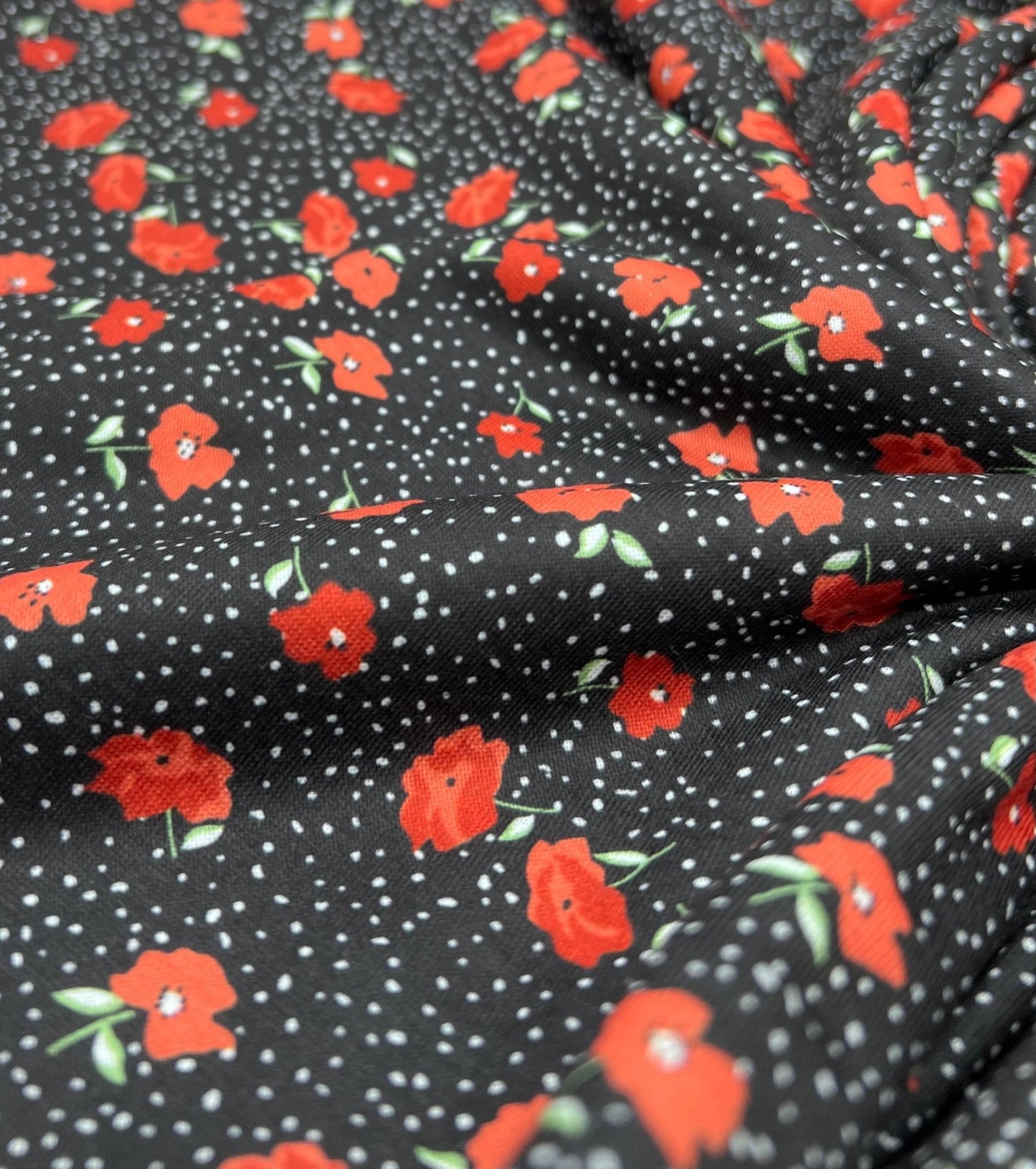 Black Red Poppy Print Spun Poly Stretch Fabric