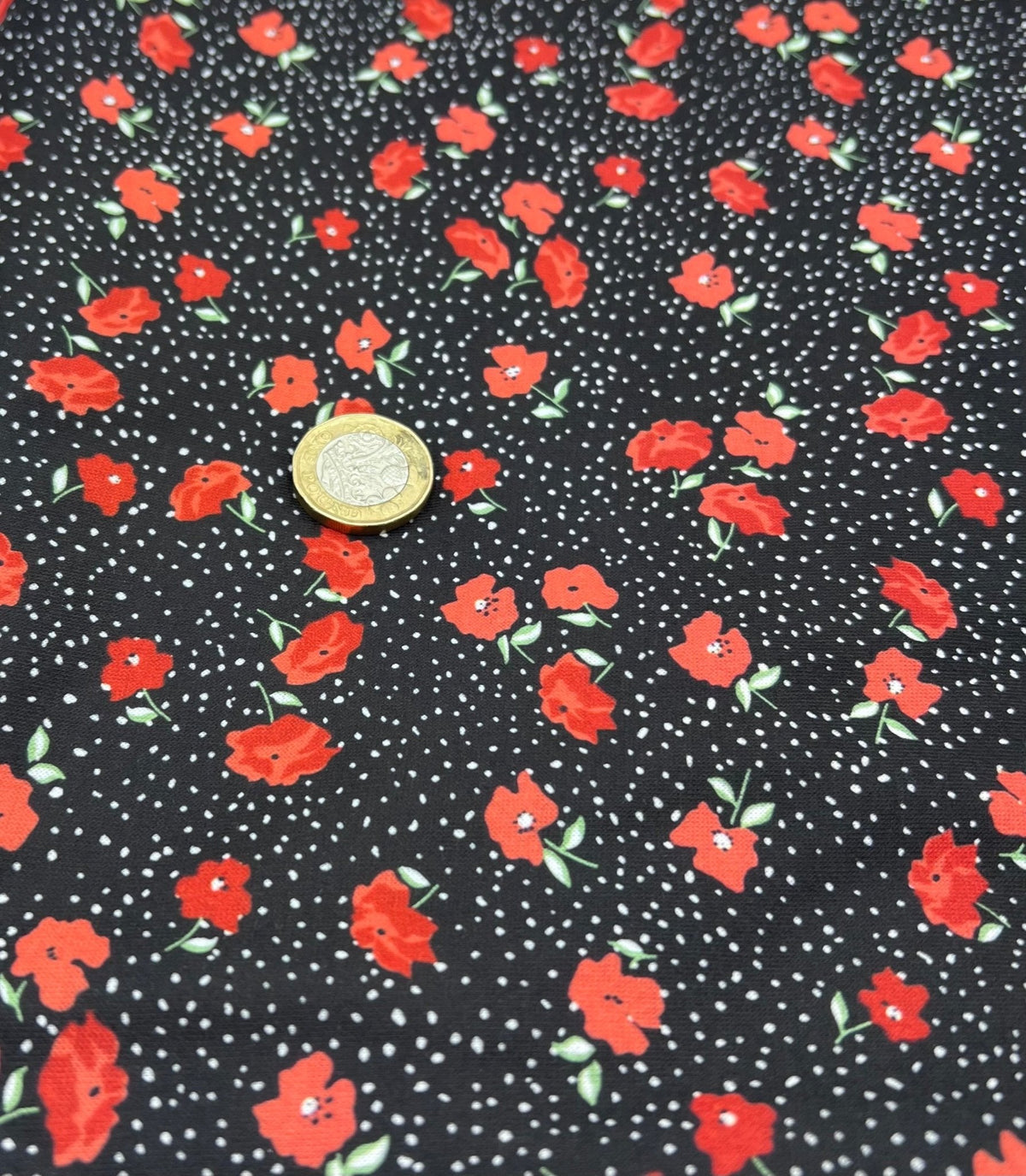 Black Red Poppy Print Spun Poly Stretch Fabric