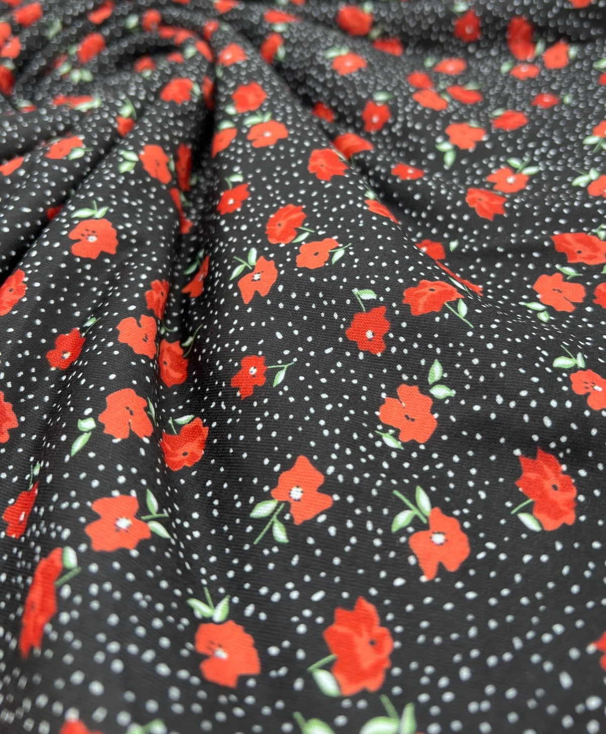 Black Red Poppy Print Spun Poly Stretch Fabric