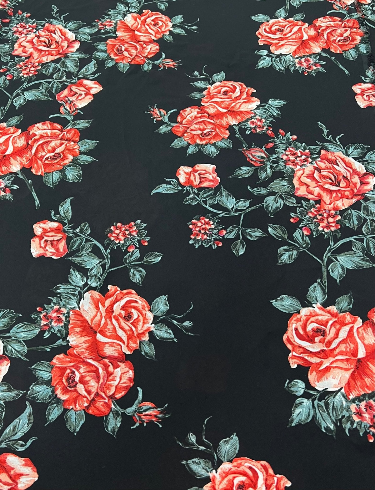 Black Red Rose Floral Printed Chiffon Dress Fabric