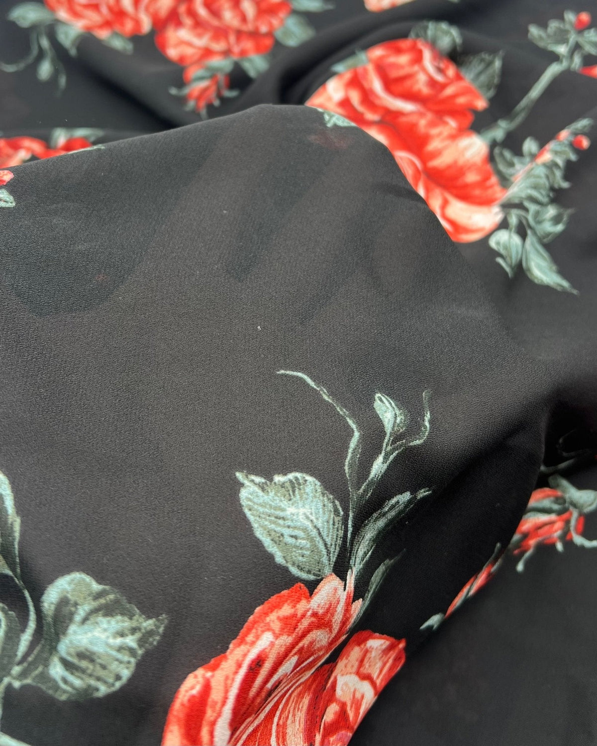 Black Red Rose Floral Printed Chiffon Dress Fabric