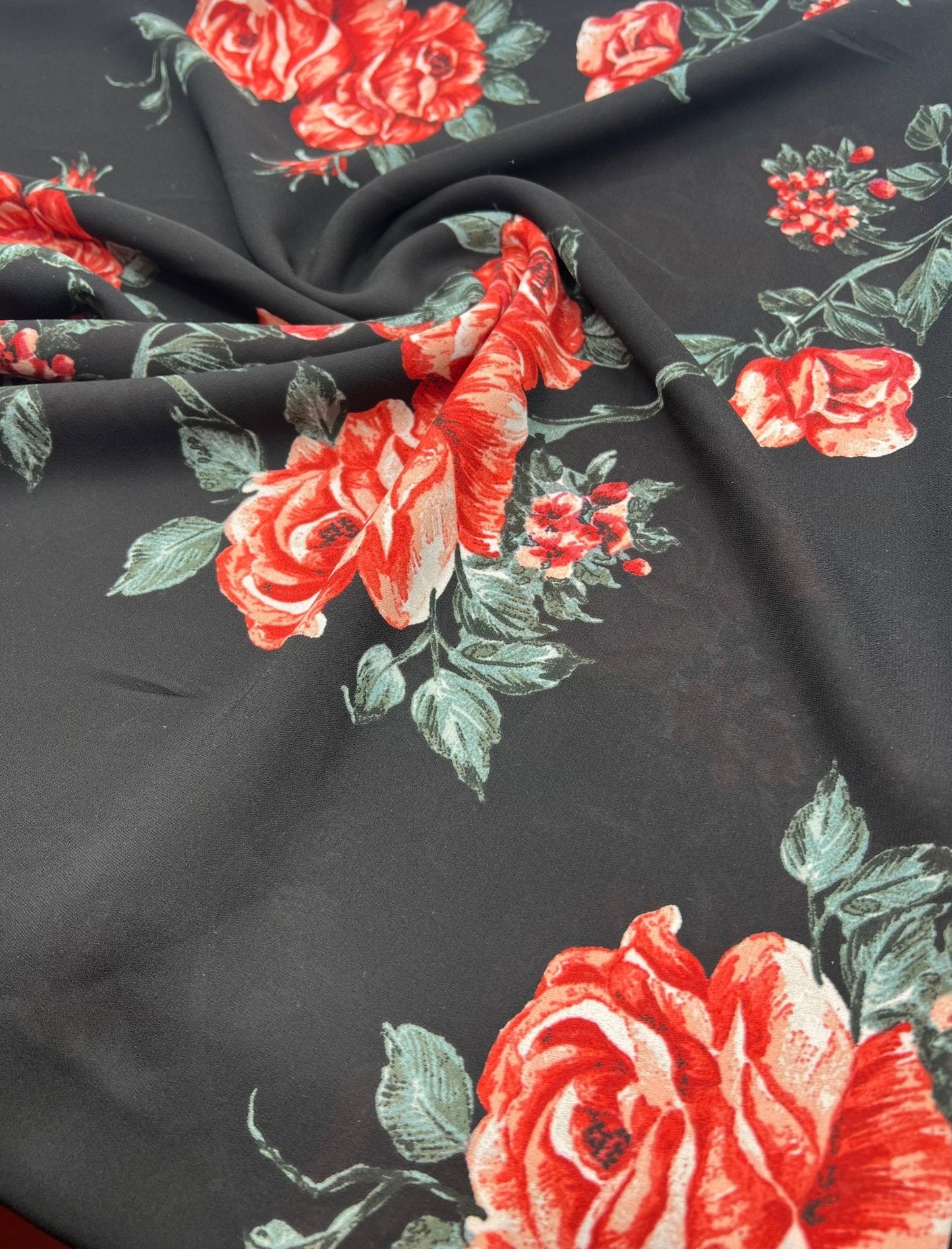 Black Red Rose Floral Printed Chiffon Dress Fabric