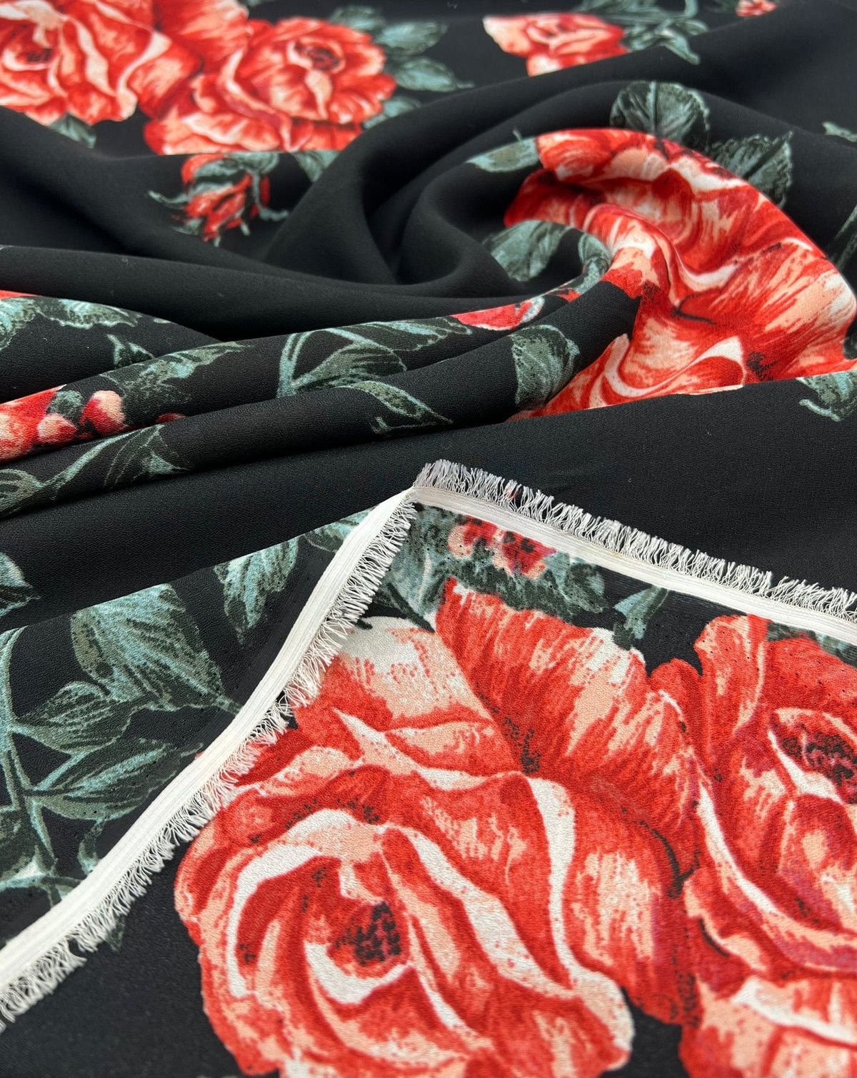 Black Red Rose Floral Printed Chiffon Dress Fabric