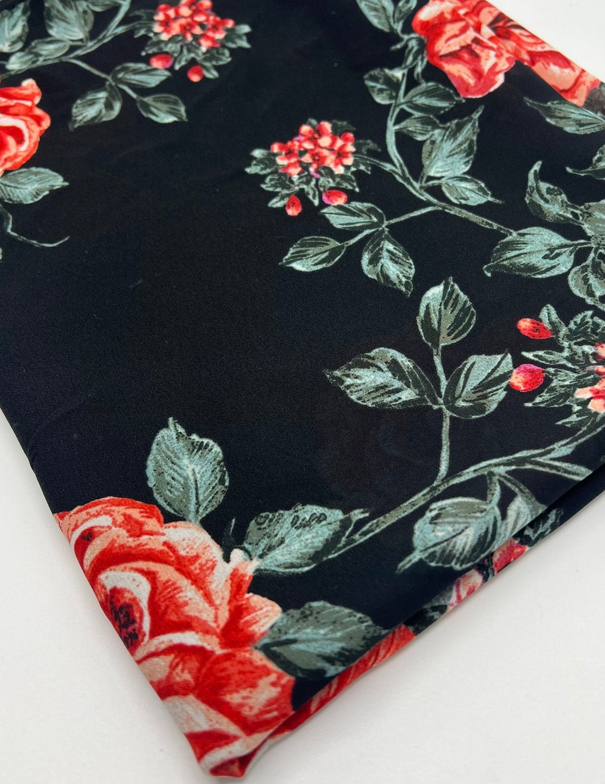 Black Red Rose Floral Printed Chiffon Dress Fabric