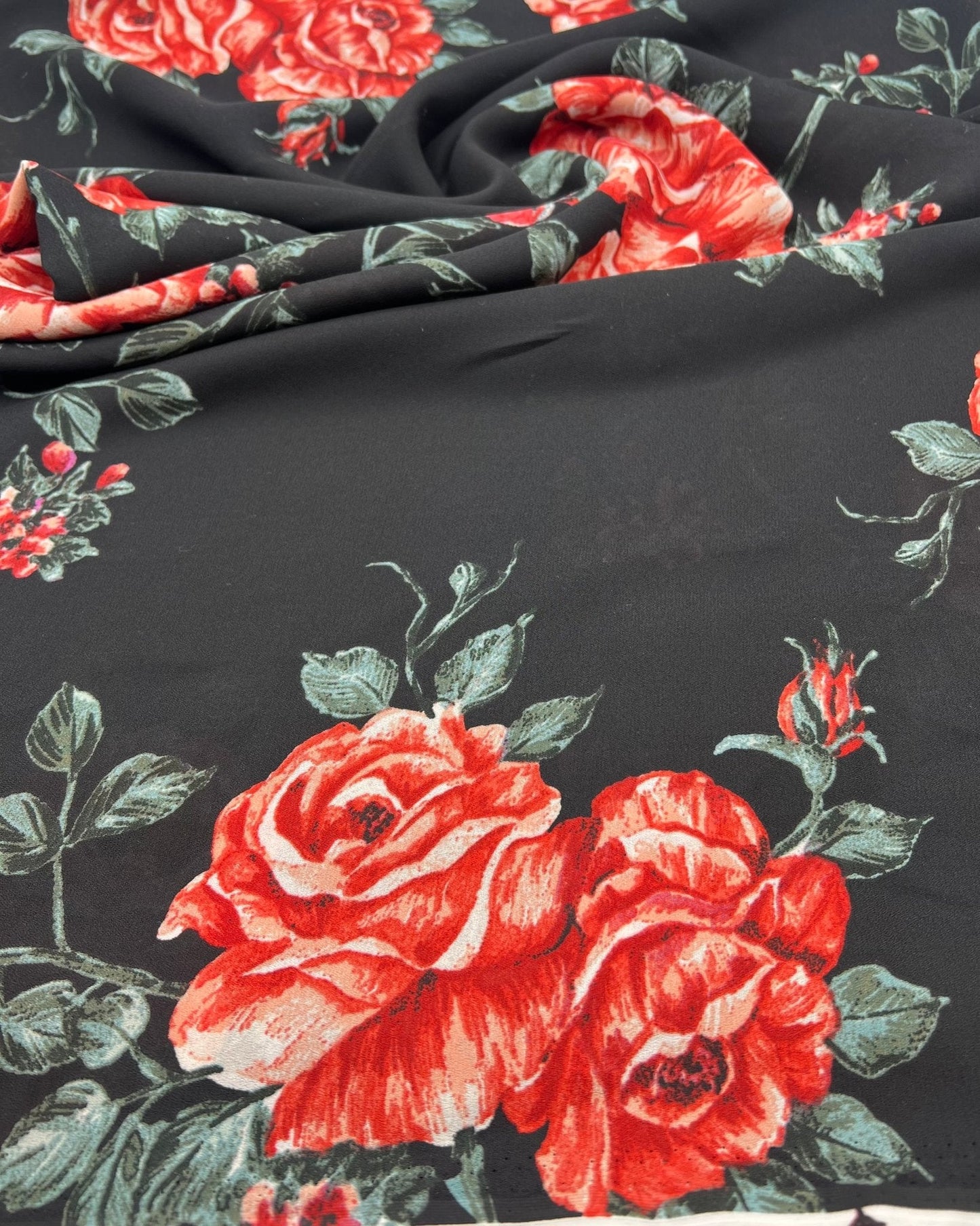 Black Red Rose Floral Printed Chiffon Dress Fabric