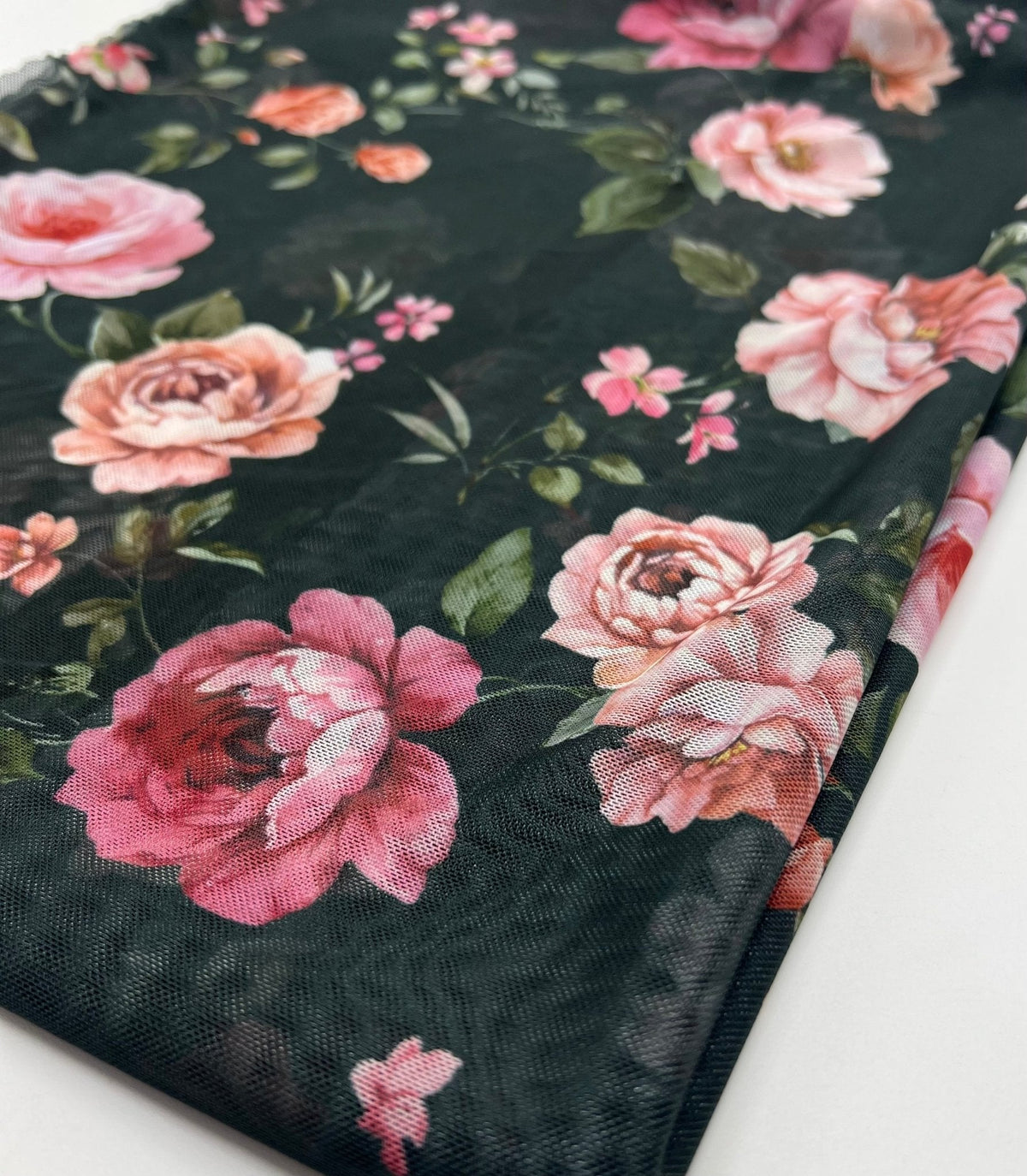 Black Rose Floral Print Mesh Fabric Stretch