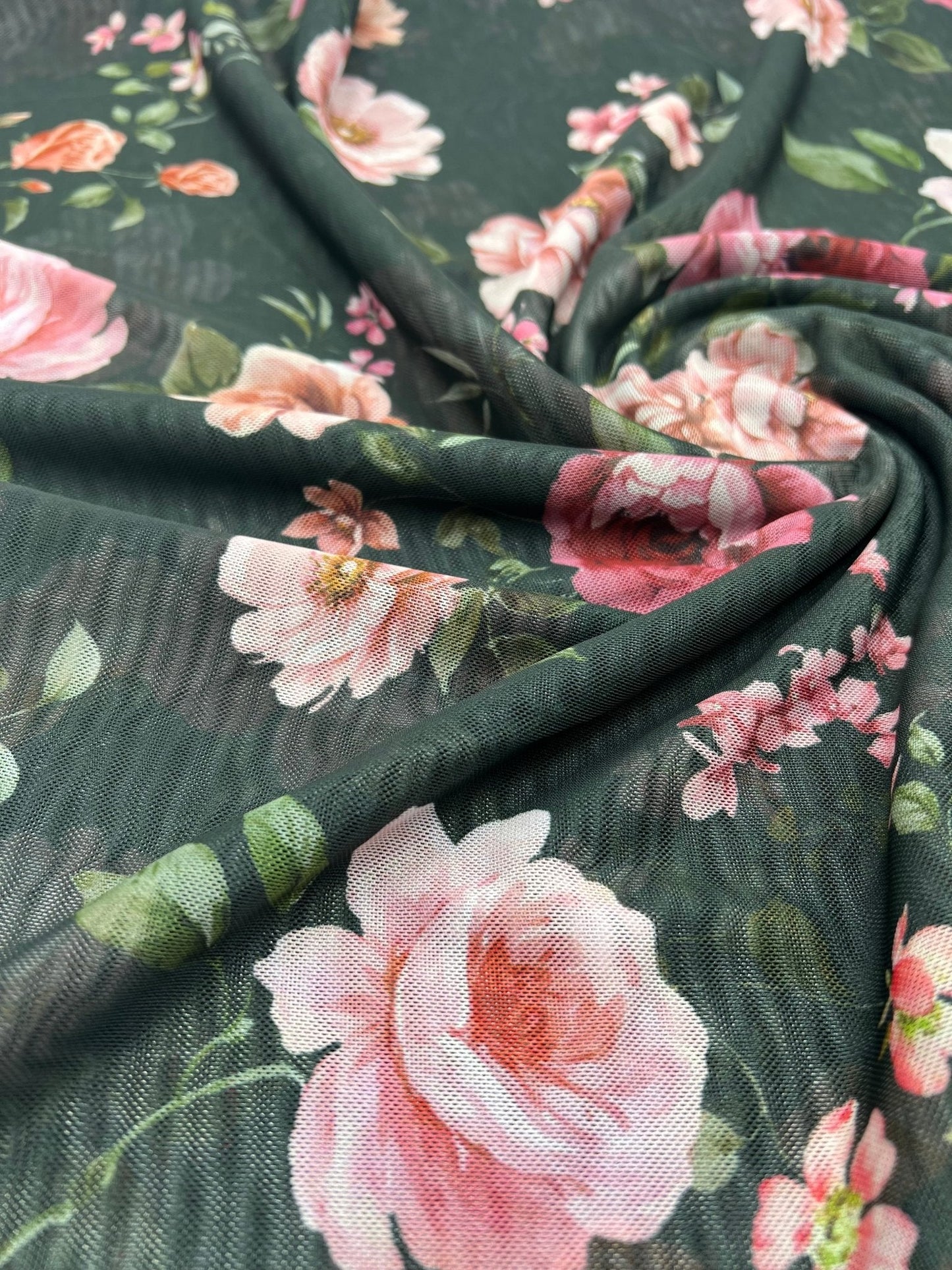 Black Rose Floral Print Mesh Fabric Stretch
