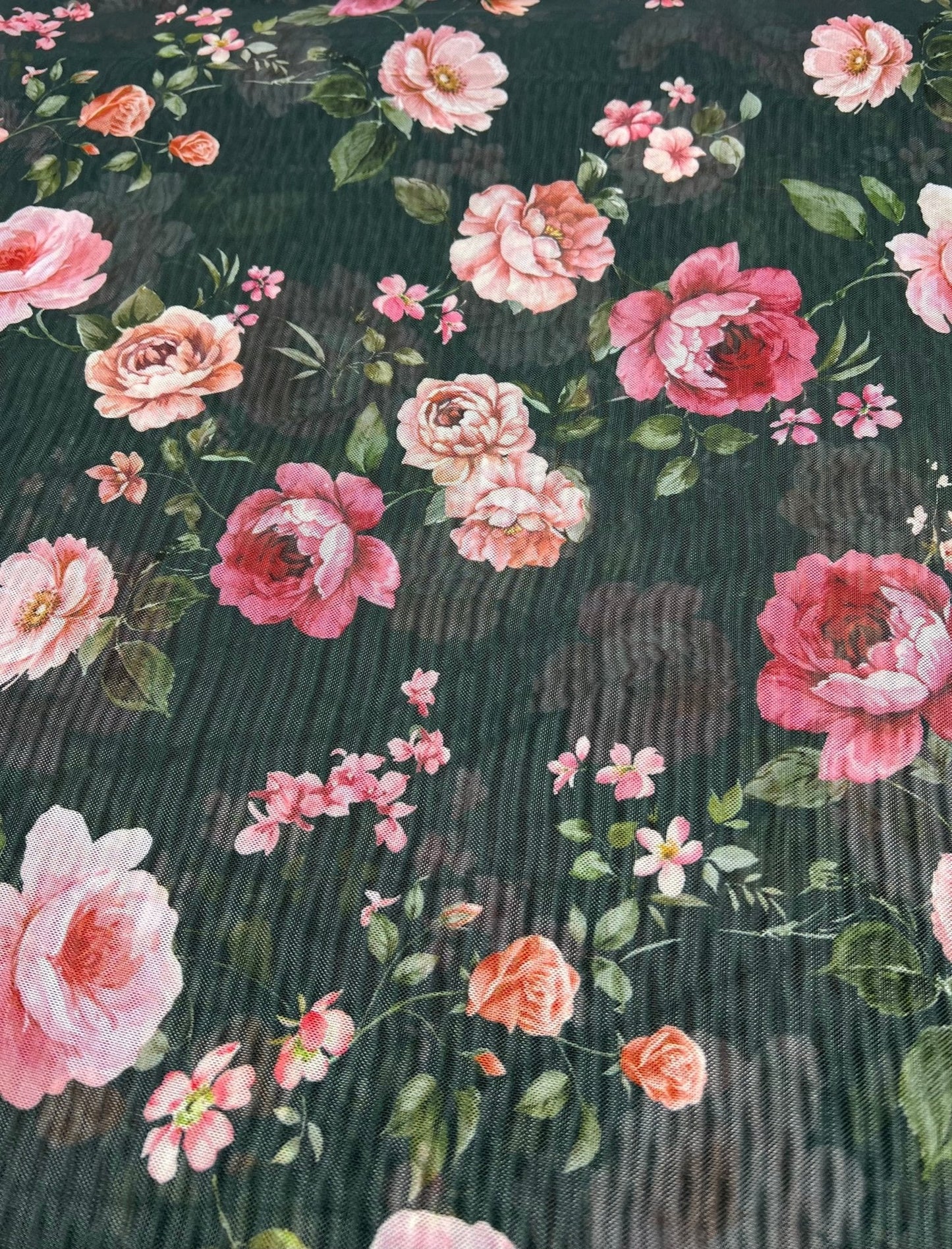 Black Rose Floral Print Mesh Fabric Stretch