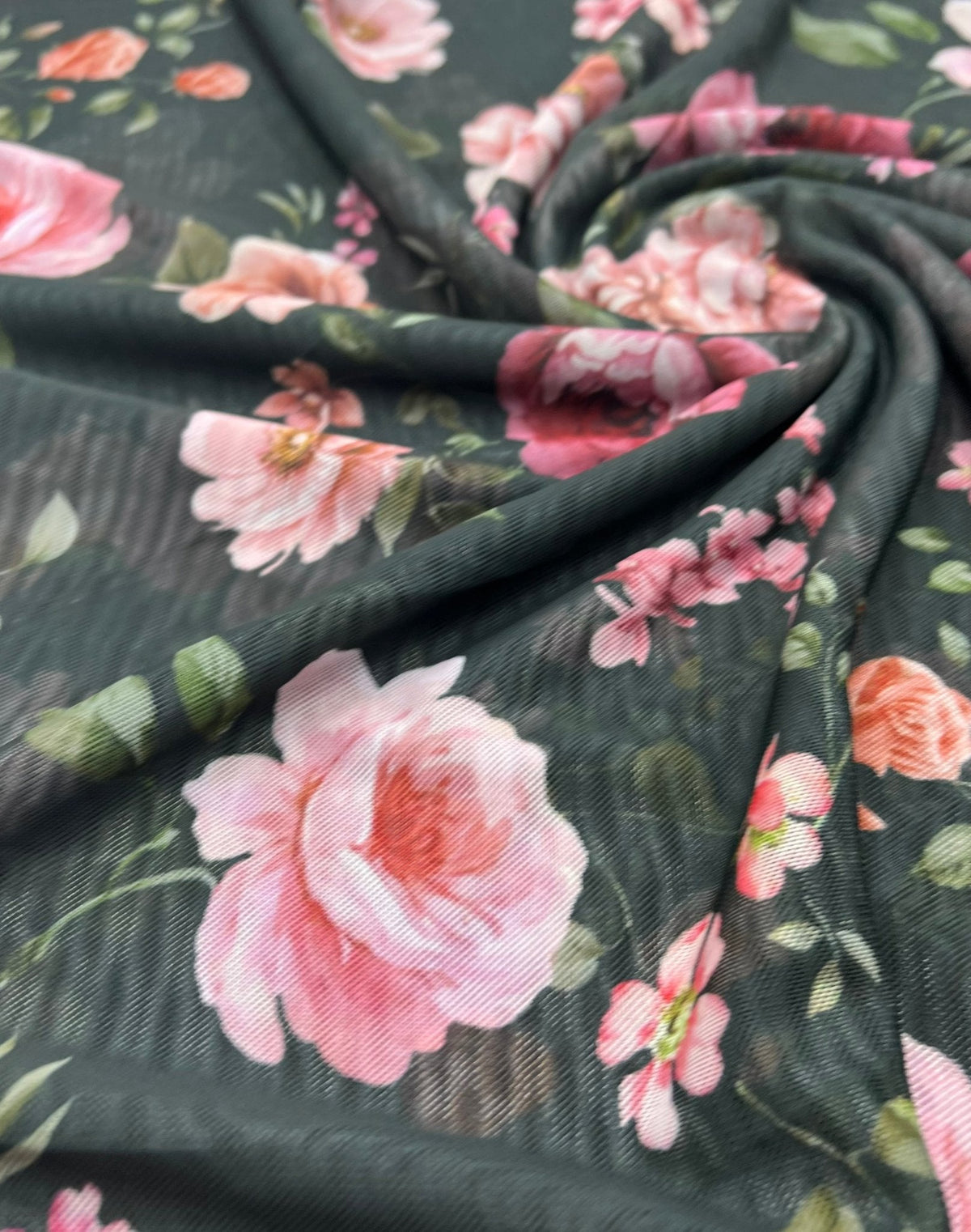 Black Rose Floral Print Mesh Fabric Stretch