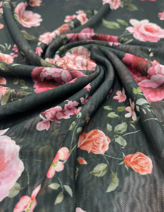 Black Rose Floral Print Mesh Fabric Stretch