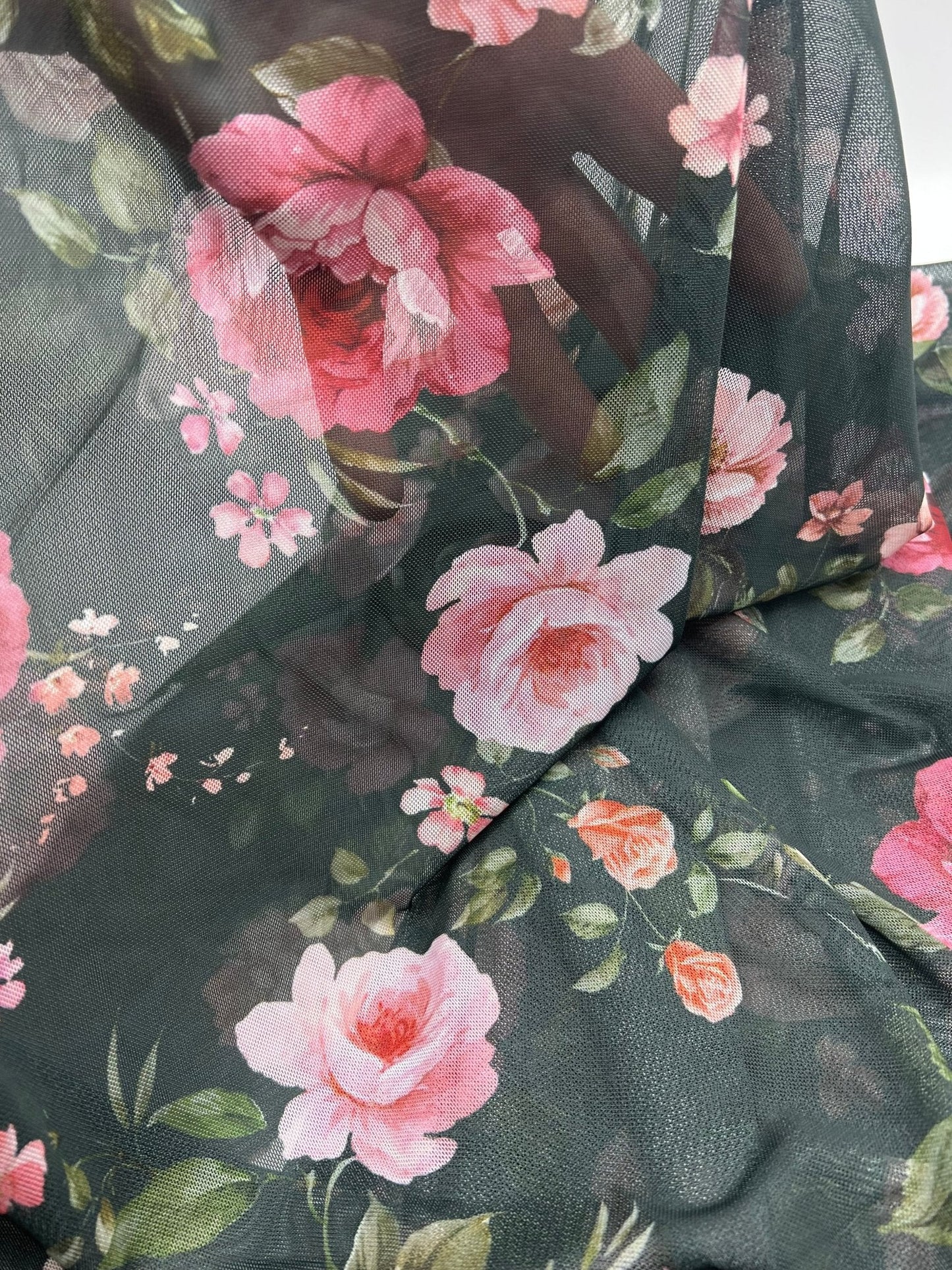 Black Rose Floral Print Mesh Fabric Stretch