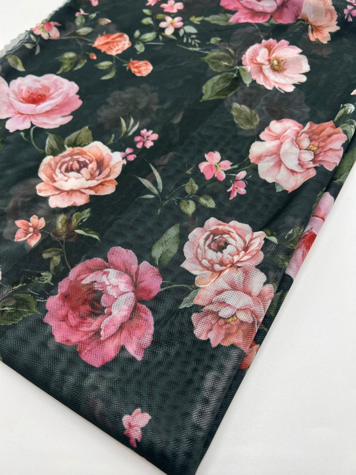 Black Rose Floral Print Mesh Fabric Stretch