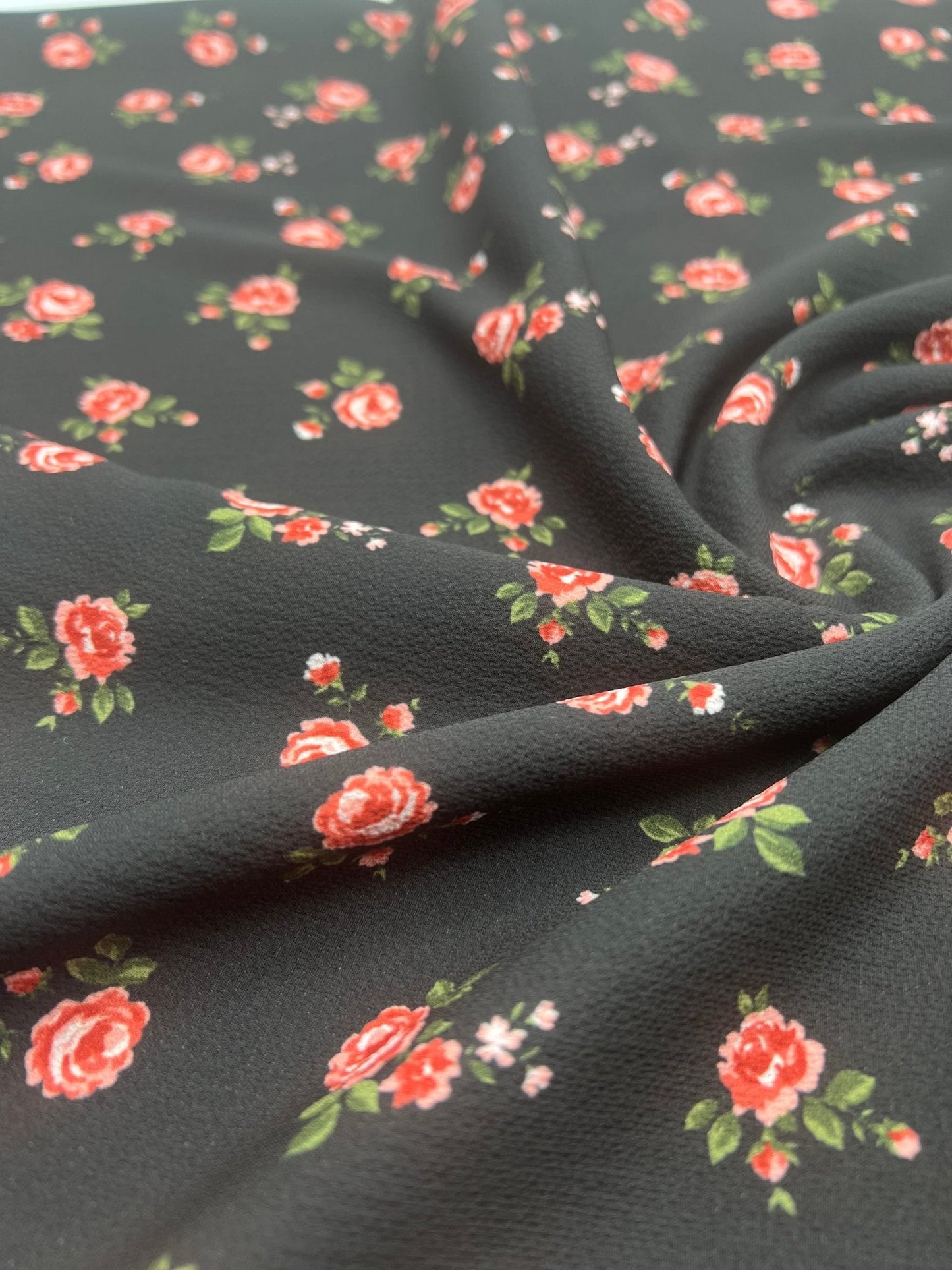 Black Rose Print Lightweight Bubble Crepe Fabric