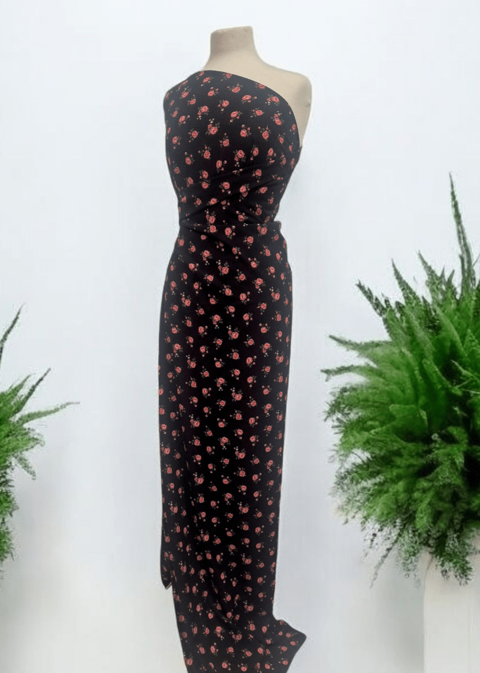 Black Rose Print Lightweight Bubble Crepe Fabric